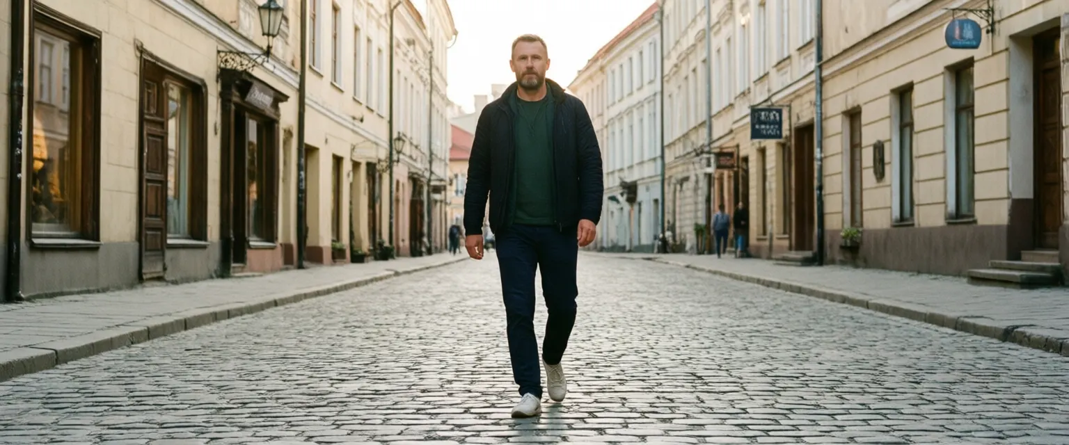 Žmogus eina Vilniaus gatve su patogia avalyne